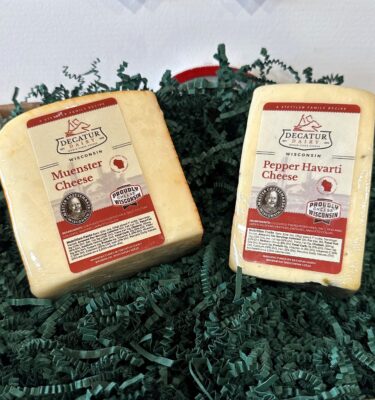muenster and pepper havarti cheese in a gift box