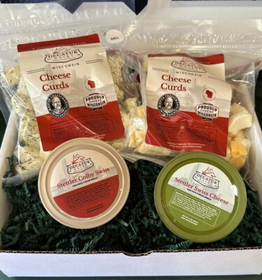 cheese curds and cheese spreads in a gift box